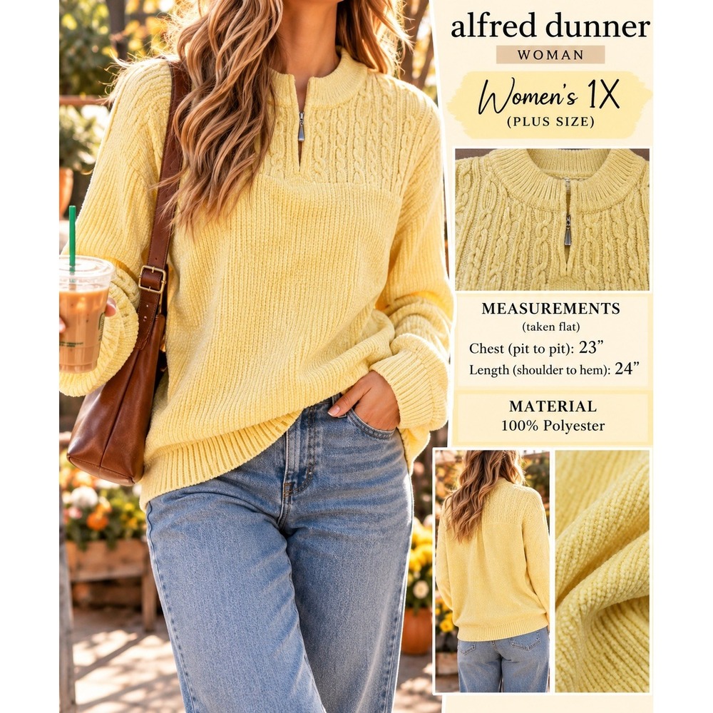 Alfred Dunner Woman Yellow Chenille Quarter Zip Cable Knit Sweater Plus Size 1X